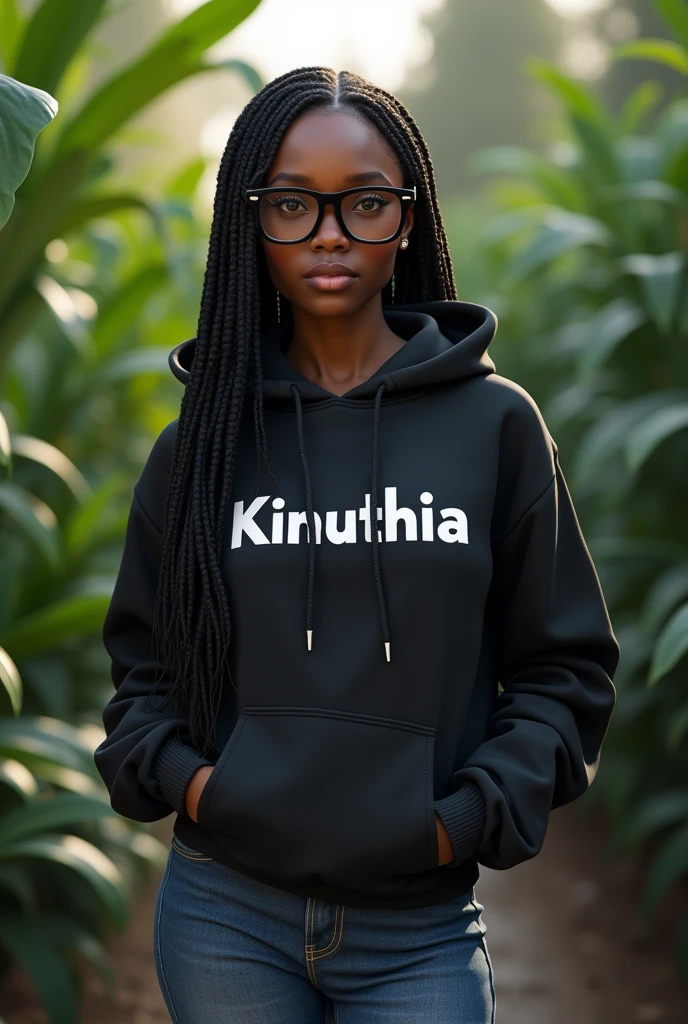 (photorealism:1.2), beautiful black African woman,23 years,sharp boobs,,wearing jeans and a fitting hoodie written "Kinuthia", long braids,oversized black glasses, standing , plants in background,eboni Davis inspiration