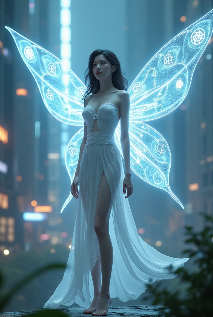 futuristic fairy with digital wings and magical symbols