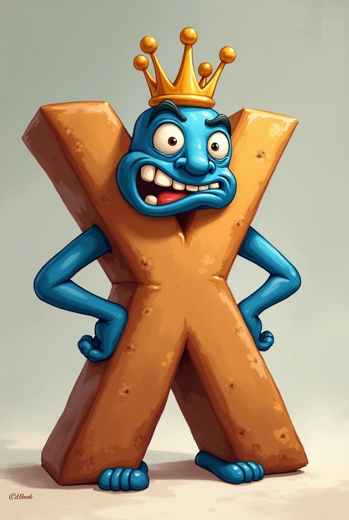 Make a king out of the letter x, all brown with a golden crown, as if the x was a cartoon. I want the X to have eyes, a mouth, a crown, and be blue with arms too, and a grumpy face. 