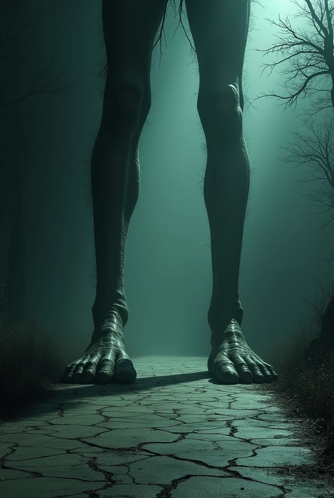Run fast a giant pair of legs stepping on a cracked road at night, horror scene, clay toys, (best quality,4k,8k,highres,masterpiece:1.2),ultra-detailed,(realistic,photorealistic,photo-realistic:1.37),HDR,UHD,studio lighting,ultra-fine painting,sharp focus,physically-based rendering,extreme detail description,professional,vivid colors,bokeh,horror,dark,gritty,ominous atmosphere,moody lighting,dramatic shadows,claymation,creepy,unsettling,disturbing,macabre,intense,terrifying,chiaroscuro,cinematic,suspenseful,nightmarish