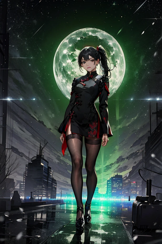 One person, High resolution, masterpiece, Anatomically correct, Accurate, number々Awards for, Textured skin, retina, Black Hair, Split Ponytail, The body is slim,Slanted Eyes, Contempt/angry gaze, Wide-angle shot, Unreal Engine, Black mini cheongsam,Back seat of a minivan,Small breasts,Gothicta,Makeup that doesn't suit me,Damaged, 多numberAwards for, Retina, Vanishing Point, Hong Kong urban area,fullbody portrait,action,Moonlight,assassin,gun action