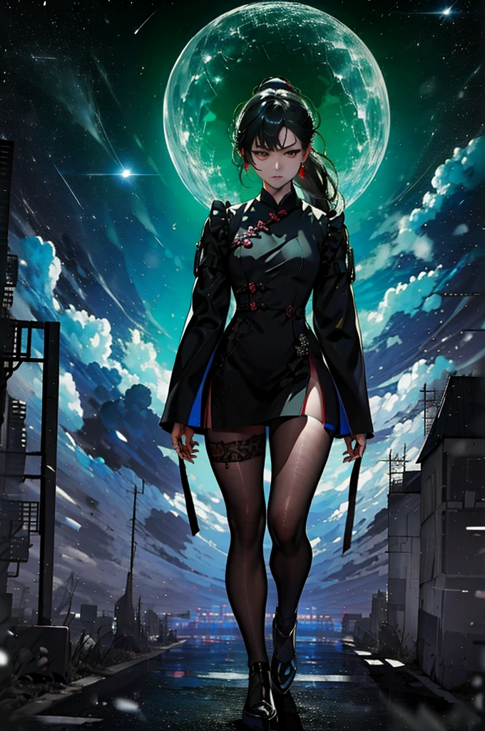 One person, High resolution, masterpiece, Anatomically correct, Accurate, number々Awards for, Textured skin, retina, Black Hair, Split Ponytail, The body is slim,Slanted Eyes, Contempt/angry gaze, Wide-angle shot, Unreal Engine, Black mini cheongsam,Back seat of a minivan,Small breasts,Gothicta,Makeup that doesn't suit me,Damaged, 多numberAwards for, Retina, Vanishing Point, Hong Kong urban area,fullbody portrait,action,Moonlight,assassin,gun action