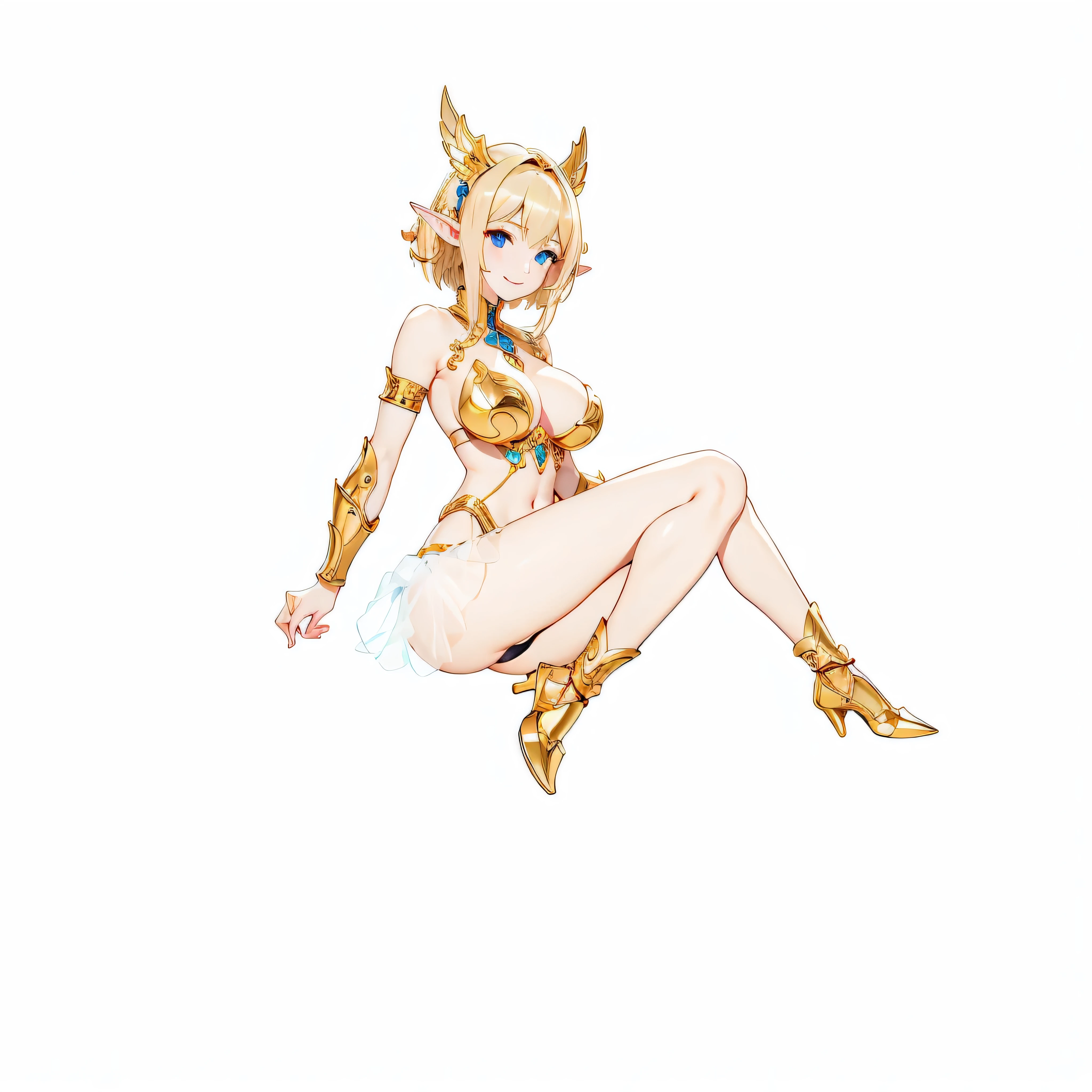 Highest quality、Very detailed、High resolution、１６ｋ、Thin contours、耳の長いElf、Nipples are visible、Shining golden armor、Gold bikini armor、Very large breasts、Extremely transparent skirt、Wearing black pants、chest proportion、Smile of the Goddess、Very white skin、Beautiful fingers、Perfect Style、Elf、No bra、Blonde hair and blue eyes、Cool smile