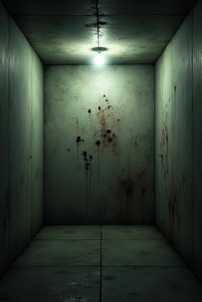 make a deadly scenario with an empty space without any characters, with just one wall with blood and bullet marks, in a dark room with no doors, with just one lightbulb.