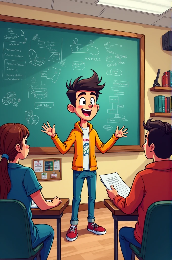 Make a cartoon of Kike Vázquez as a university student presenting a topic 
