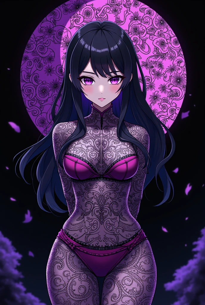(((Raiden Shogun))), (genshin impact), purple eyes, black hair, (purple highlights), ((black background)), Official art, Unity 8k Wallpaper, Ultra-detail, Beautiful and aesthetic, masterpiece, Best Quality, (zentangle, mandalas, Tangle, Entangle), (fractal art:1.3), 1girl, huge , extra thick thighs, Extremely detailed, Most Beautiful Form of Chaos, elegant, a brutalist designed, vivd colour, romanticism, Atmospheric, arms behind back, (((((anime style))))), thick body, think waist, big hips,