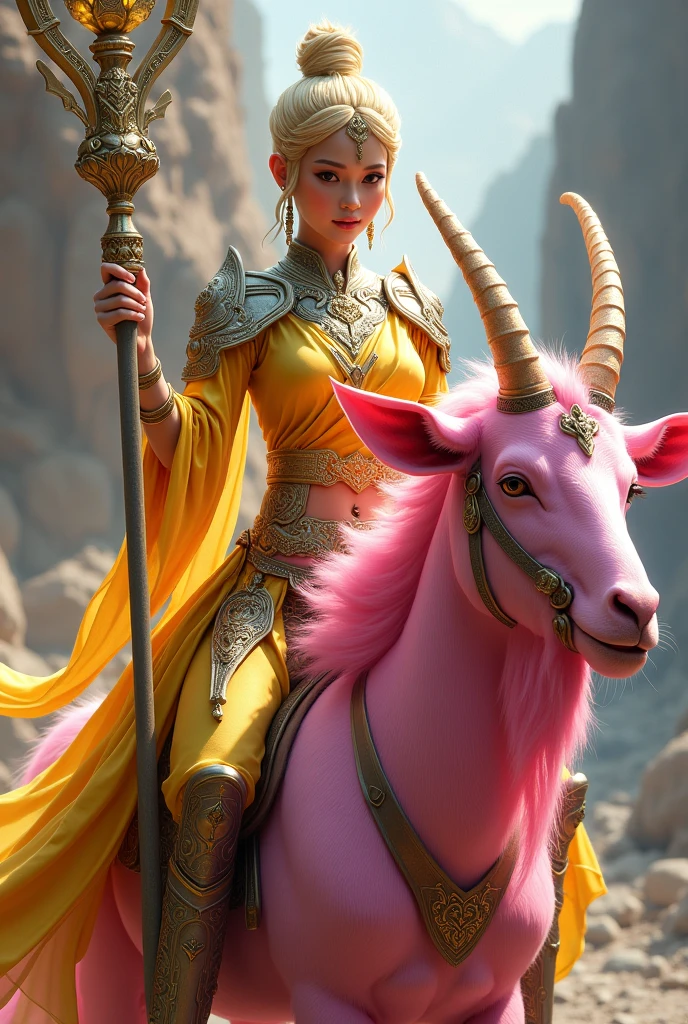 A Thai female warrior with short golden hair, wearing yellow and silver armor, holding a silver scepter with golden light, riding a pink goat.