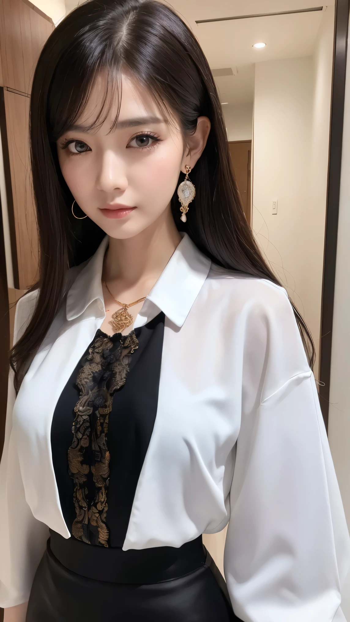 ((best quality)), ((masterpiece)), (detailed), perfect face, ((Best quality, 8k, Masterpiece: 1.3)), Highly detailed face and skin texture, Detailed eyes, Double eyelid, black hair, very long hair, jewelry, earrings, Adult woman, wearing a jacket, white blouse, pencil skirt, mature woman, good figure