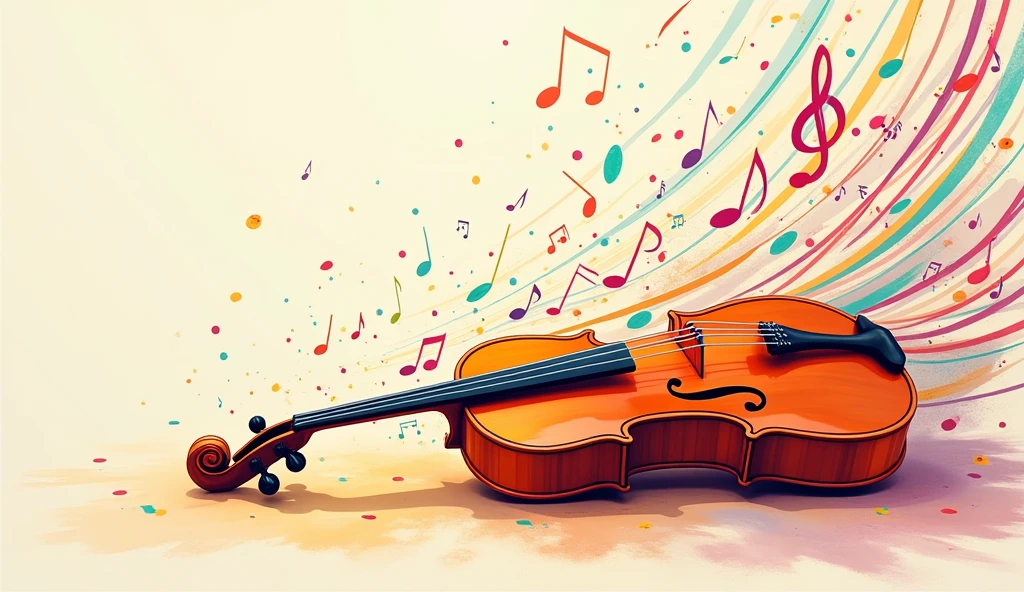 Musical staffs bursting from paper in cheerful colors, soft, Abstract with a cello resting on the staff in a horizontal rectangular image