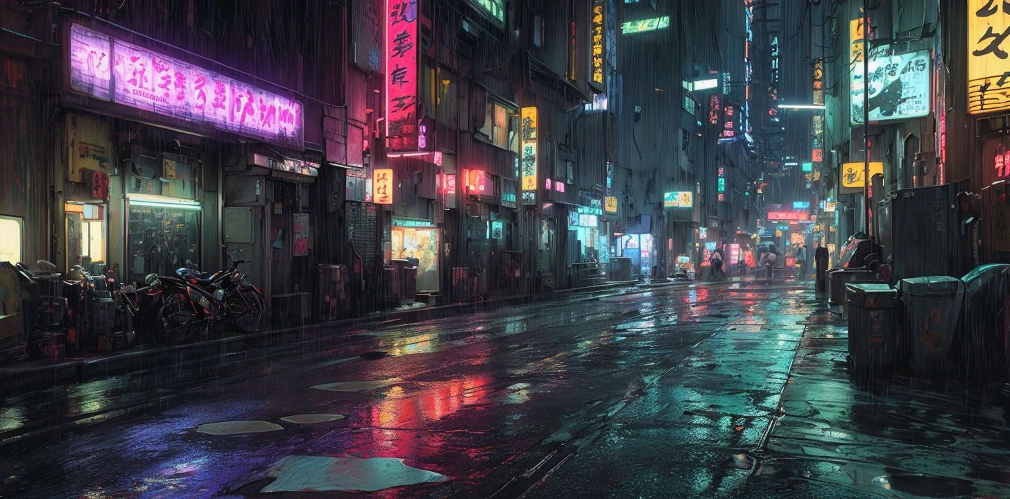 A comic book style picture of a Japanese city street at night with neon lights and sidewalks, Japanese style streets, neon signs, no pedestrians, cyberpunk streets, surreal cyberpunk city, cyberpunk night street, rainy cyberpunk city, neon rainy cyberpunk environment, futuristic cyberpunk Tokyo at night, cyberpunk art surreal 8k, cyberpunk atmosphere, comic book style, thick painting style, large color blocks, hand-painted style