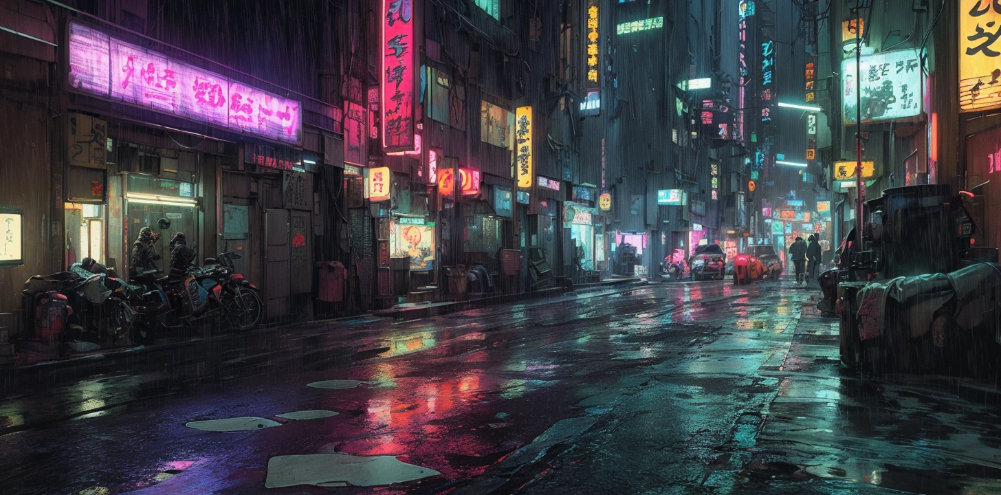 A comic book style picture of a Japanese city street at night with neon lights and sidewalks, Japanese style streets, neon signs, no pedestrians, cyberpunk streets, surreal cyberpunk city, cyberpunk night street, rainy cyberpunk city, neon rainy cyberpunk environment, futuristic cyberpunk Tokyo at night, cyberpunk art surreal 8k, cyberpunk atmosphere, comic book style, thick painting style, large color blocks, hand-painted style