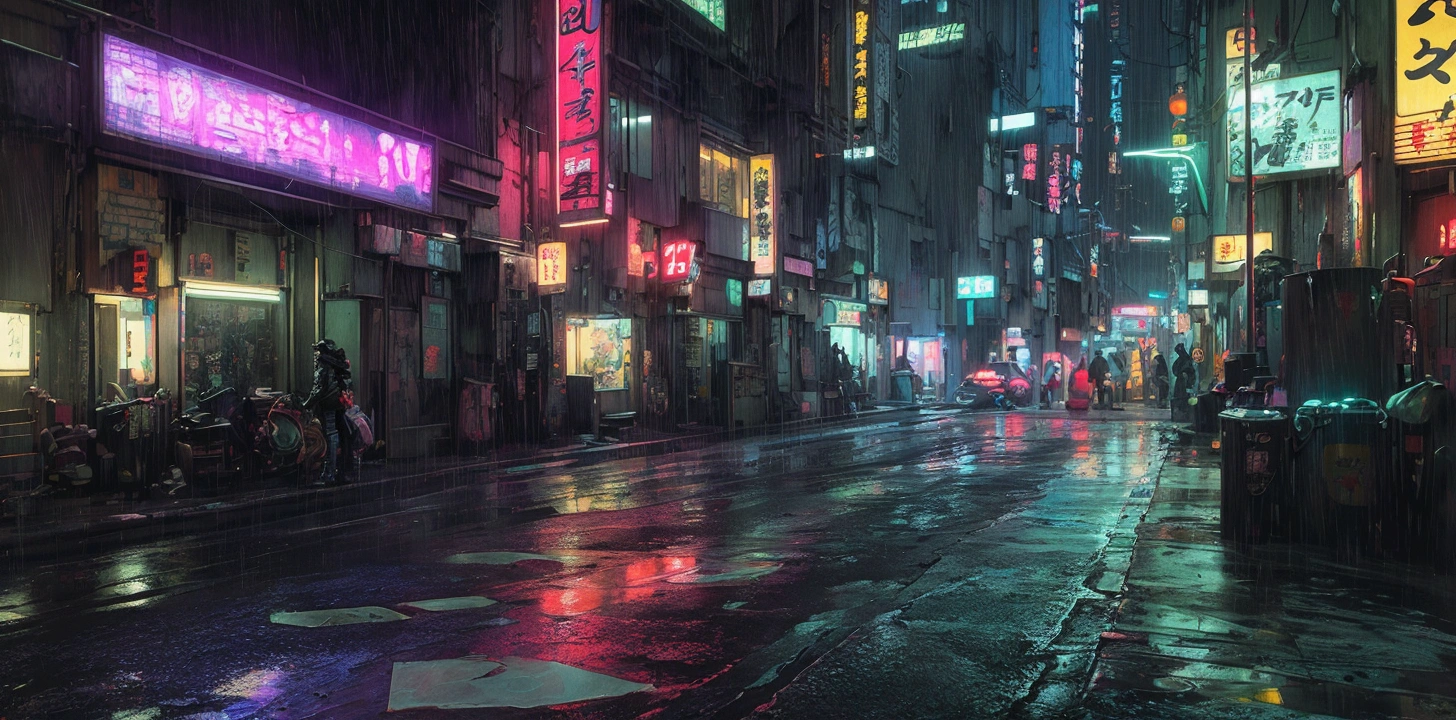 A comic book style picture of a Japanese city street at night with neon lights and sidewalks, Japanese style streets, neon signs, no pedestrians, cyberpunk streets, surreal cyberpunk city, cyberpunk night street, rainy cyberpunk city, neon rainy cyberpunk environment, futuristic cyberpunk Tokyo at night, cyberpunk art surreal 8k, cyberpunk atmosphere, comic book style, thick painting style, large color blocks, hand-painted style