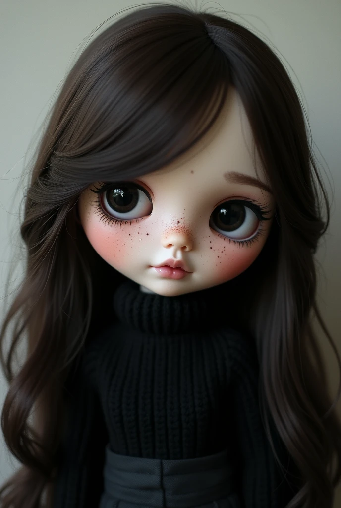 Blythe doll with long dark brown hair, black eyes, White skin, with freckles and black clothing with a Jeff Buckley record