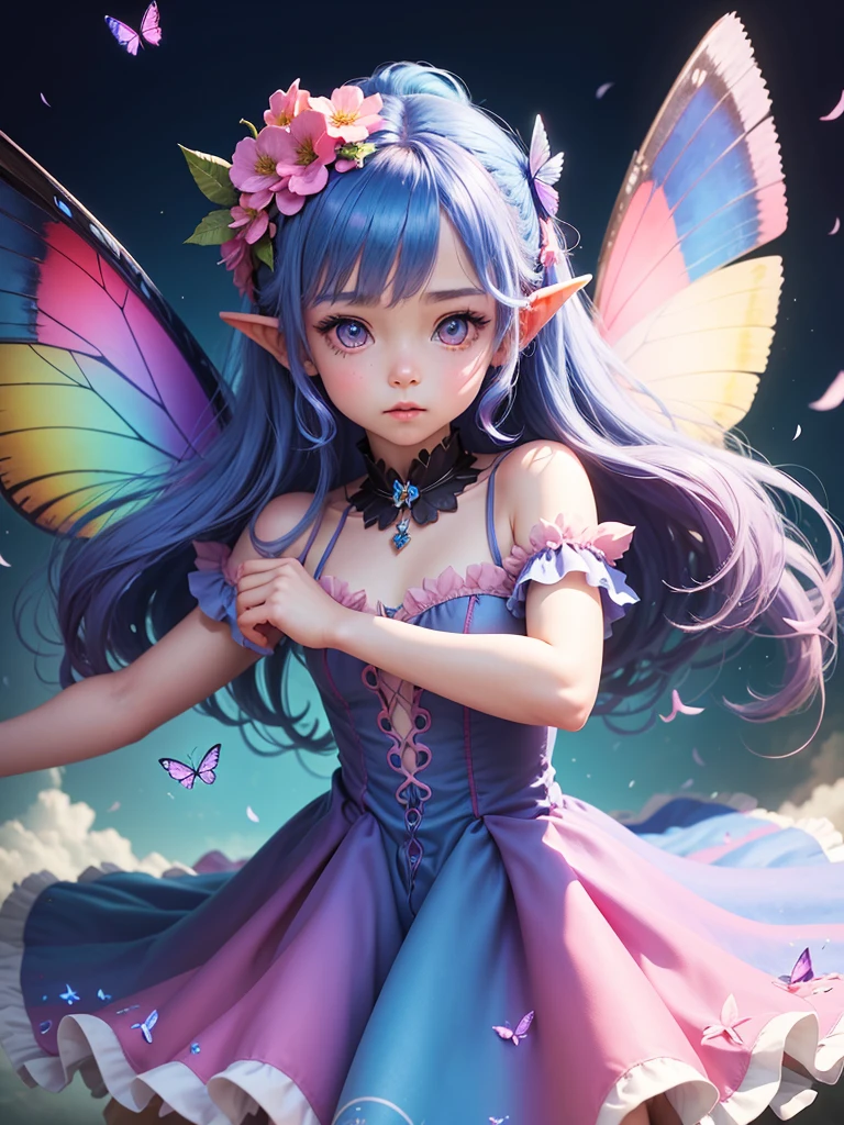 cute little Fairy, blue butterfly, Rainbow hair, pink eyes, dress pointy ears dress made of petals leaves leaning forward