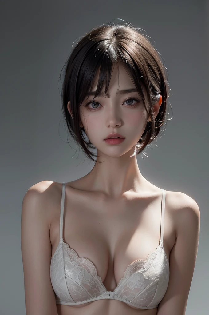 Best quality, masterpiece, ultra high res, (photorealistic:1.5), raw photo, 1girl,, in the dark, deep shadow, low key, cold light, sexy look, short hair, smooth , Deep neckline, She is pulling her shirt over her head, reveal her black bra, ample bust,masterpiece, best quality, (dark photo:1.3), photorealistic, 1girl, flat bangs, stunning innocent symmetry face, shirt, emotional, ulzzang, (PureErosFace_V1:0.7).