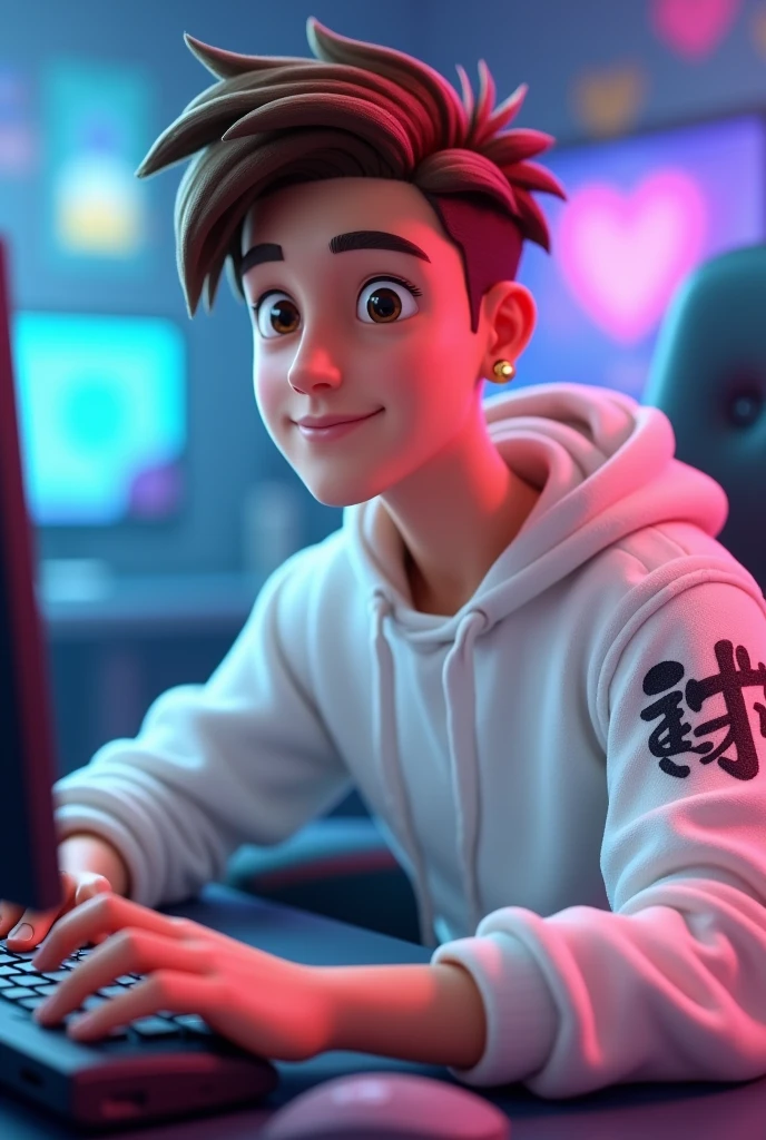 young man , short brown hair, square face and brown eyes, wearing white sweater. with tattoo on the left arm, 3d cartoon, with small hoop earrings, in a gamer setting, using a computer.