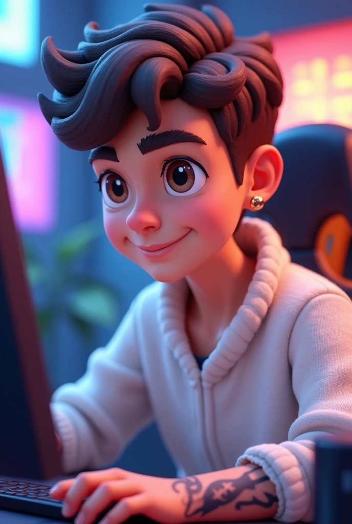 young man , short brown hair, square face and brown eyes, wearing white sweater. with tattoo on the left arm, 3d cartoon, with small hoop earrings, in a gamer setting, using a computer.