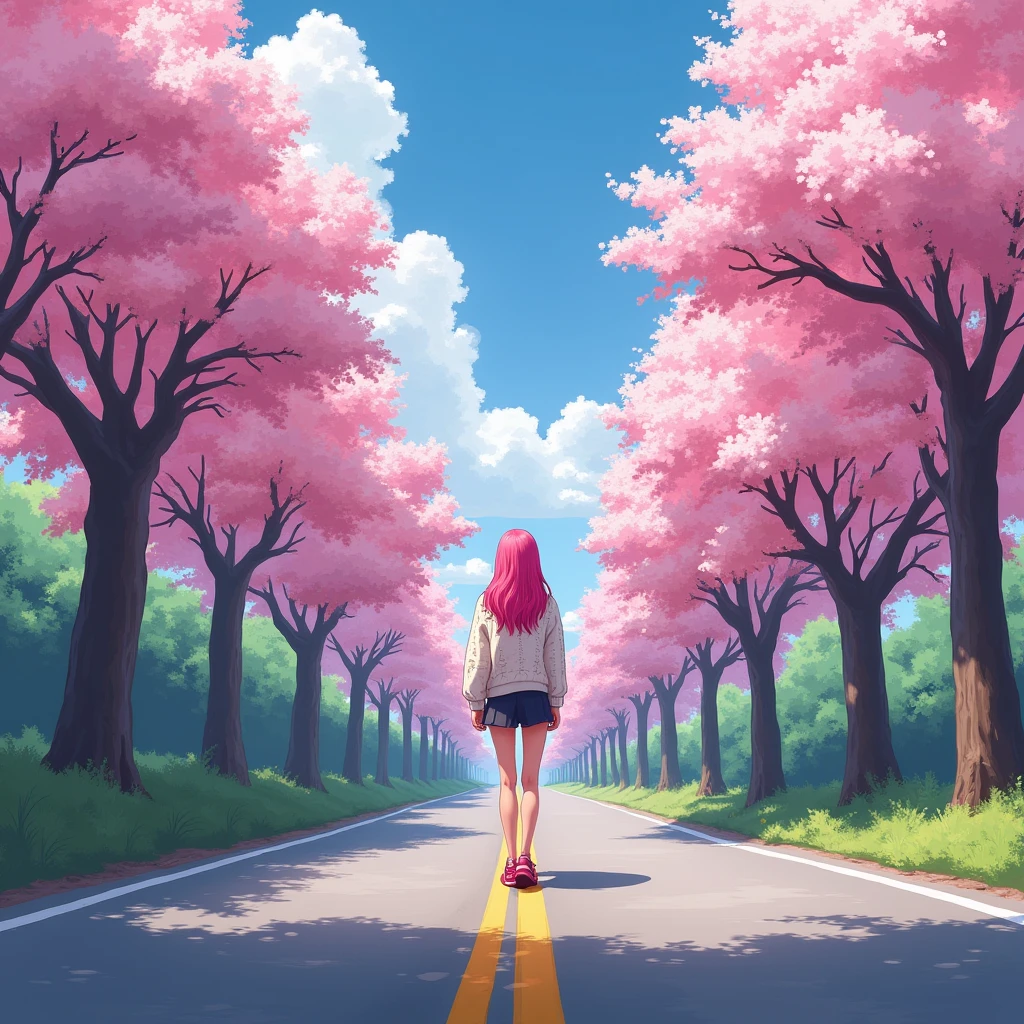 masterpiece, Best Quality, ultra detailed, illustration, wide angle, One girl standing in the middle of the road., Alone, Road in the middle and pink cherry trees on the edge of the road., Whole body, the 20s, pink hair, sweater, short skirt, fashion,, Composition, balance, harmony, rhythm, Color, light, shadow, reflection, refraction, application, contrast, foreground, middle ground, bottom, naturalist, figurative, figurative.