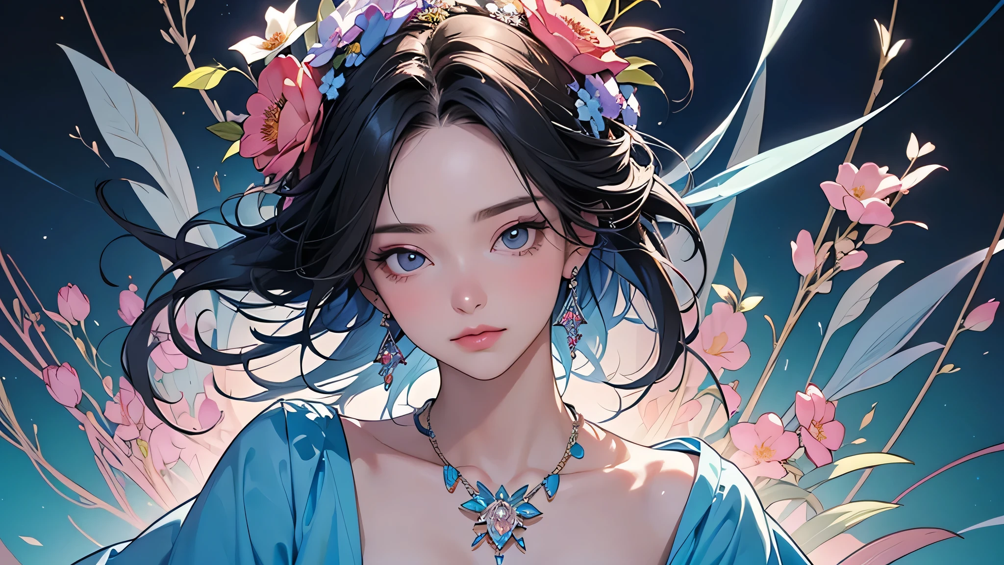 32K, 最高quality, 最高masterpiece, (ultra-Detailed background, Detailed background), high resolution, Very detailed, Very detailedな, 1 personの, (bouquet:1.3), (Tangled:1.2), (Geometric:1.2),(rich and colorful),(masterpiece, quality, best quality, Official Art, Pretty and beautiful:1.2), (1 person:1.3), Very detailed,(rich and colorful:1.1)(Flowers:1.3),Most detailed,(Tangled:1.2), whole body, (Blue Background:1.3), (Radiant skin), (Many colors:1.4), ,(Earring Jewelry:1.5), 浅Blue Background,