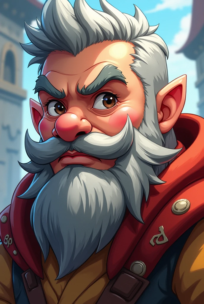 RPG dwarf anime style with short gray hair, young face with few wrinkles and charismatic, with beard, with a mustache and a large curved nose