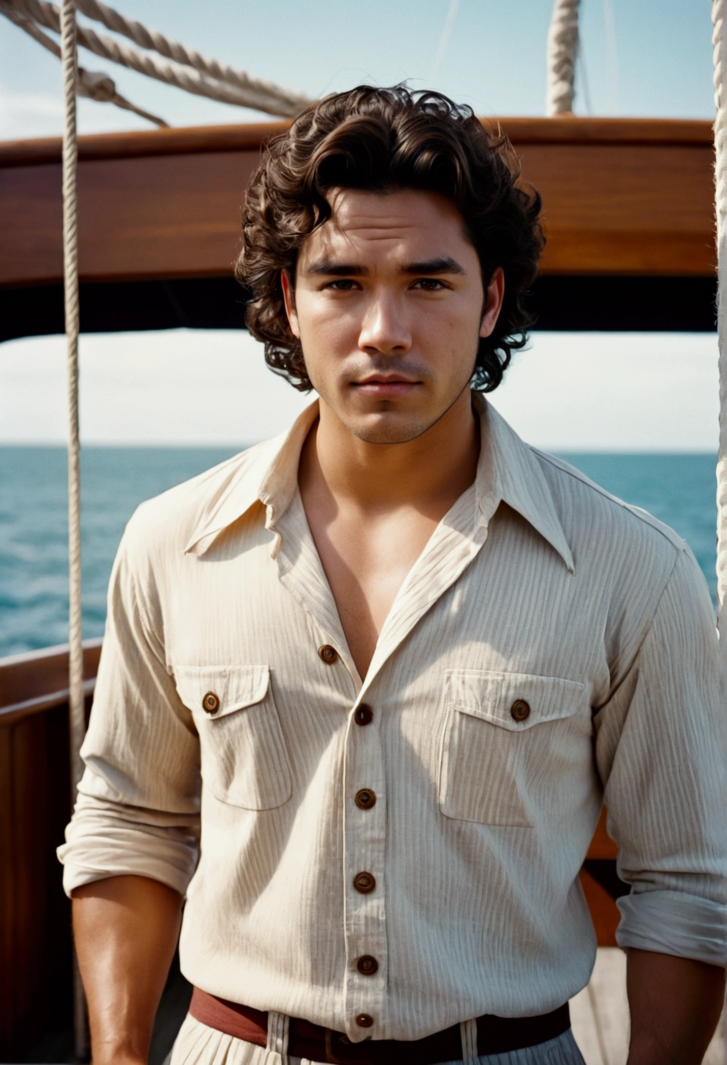 analog film photo, photo of a fantasy sailor, 25 years old, male, brown eyes, short dark curls, tan complexion, soft facial features, medium height, broad shoulders, stocky physique, slightly chubby, lots of body hair, wearing a linen shirt and vertical-striped trousers, posing on the deck of a galleon, resembles Dean Cain, RAW Photograph, dslr, soft lighting, high quality, film grain, Fujifilm XT3, detailed skin with visible pores, insane details, masterpiece, 8k, 35mm photograph, dslr, kodachrome, faded film, desaturated, grainy, vintage, Lomography, stained, highly detailed, found footage, full-body shot