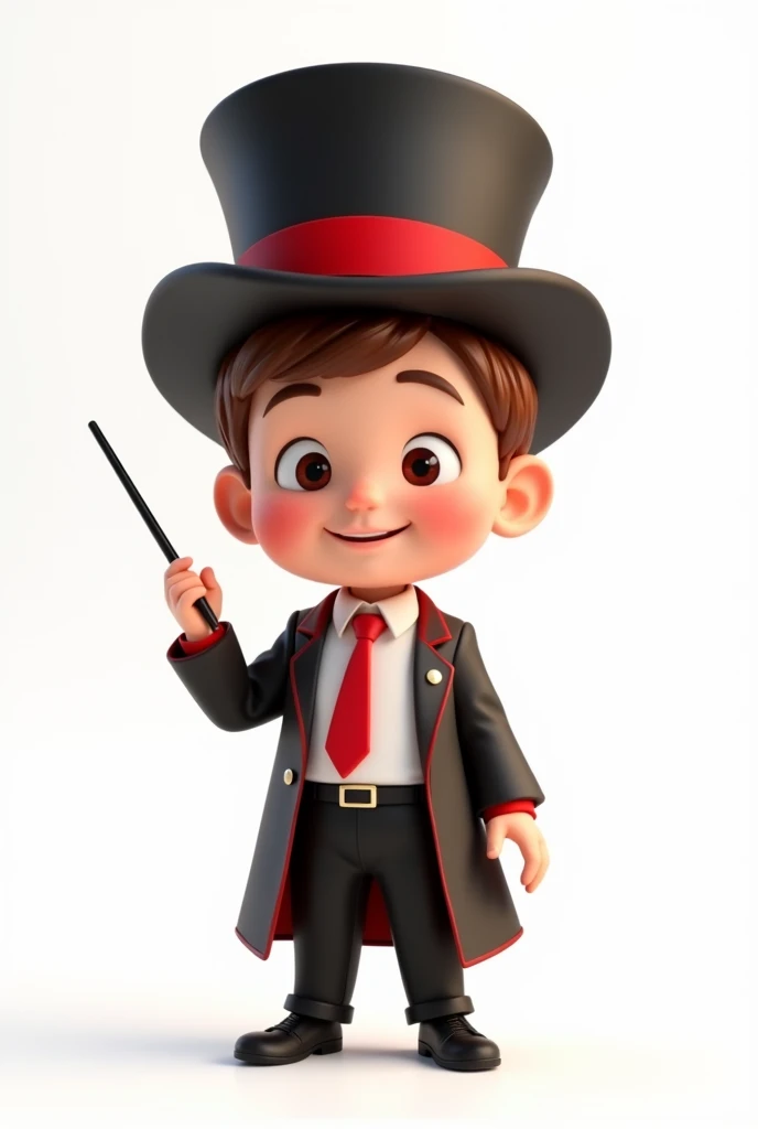 A happy and cute person with short brown hair, wearing a magician's outfit consisting of a white shirt, a red tie, a pair of black pants, shoes black, a black top hat with a red band around his head and a magic wand in his hand, white background, Pixar-style, 3d, Cartoon s, face detailed, asymmetric