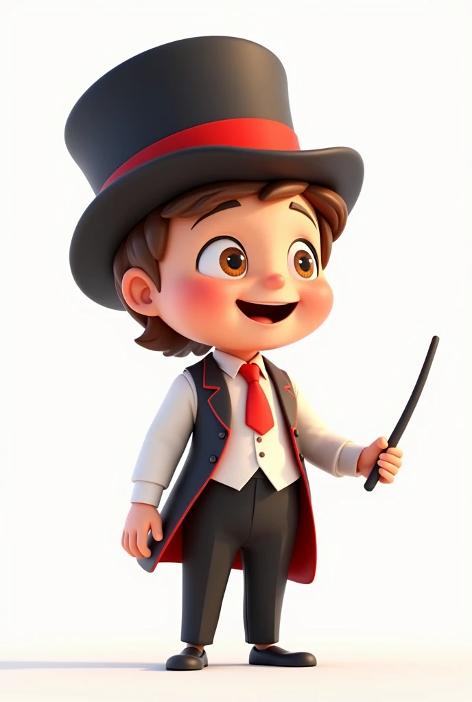 A happy and cute person with short brown hair, wearing a magician's outfit consisting of a white shirt, a red tie, a pair of black pants, shoes black, a black top hat with a red band around his head and a magic wand in his hand, white background, Pixar-style, 3d, Cartoon s, face detailed, asymmetric