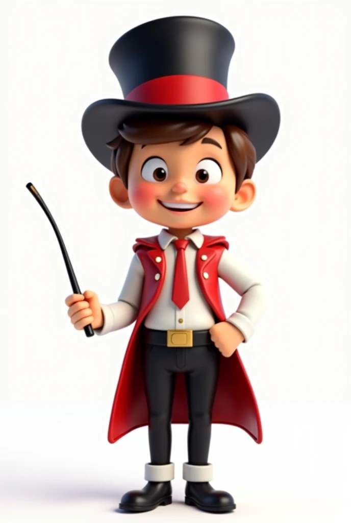 A happy and cute person with short brown hair, wearing a magician's outfit consisting of a white shirt, a red tie, a pair of black pants, shoes black, a black top hat with a red band around his head and a magic wand in his hand, white background, Pixar-style, 3d, Cartoon s, face detailed, asymmetric