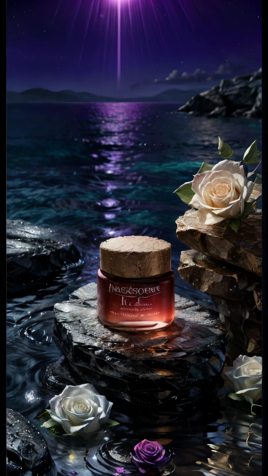 skincare advertisement,realistic,(1 cosmetic cream:0.8) placed on colorful crystals on the sea,surrounded by shining white roses. The background features a serene night sky with a gradient of purple and pink,suggesting the neon lights,(masterpiece:1.4),(8k:1.5)