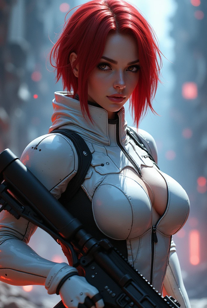 In this captivating image, the central female character (Sarah Kerrigan, inspired by the Star Craft game, Supermodel, beautiful face), red straight short hair, exudes Confident Star Craft Ghost sniper, wearing a white Terran Ghost psionic energy sniper gear, neon light, (inspired by the Starcraft 2 game), Armed with an AR-15, Combat pose, (Battle scene background), mid body portrait, sensual, beautiful, mesmerizing, concept art, highly detailed, vivid colors, bioluminecent, artstation, behance, deviantart, inspired by innocent manga, inspired by Marvel Comics concept art, trending, Amanda Sage, Jim Lee, Extremely Realistic.