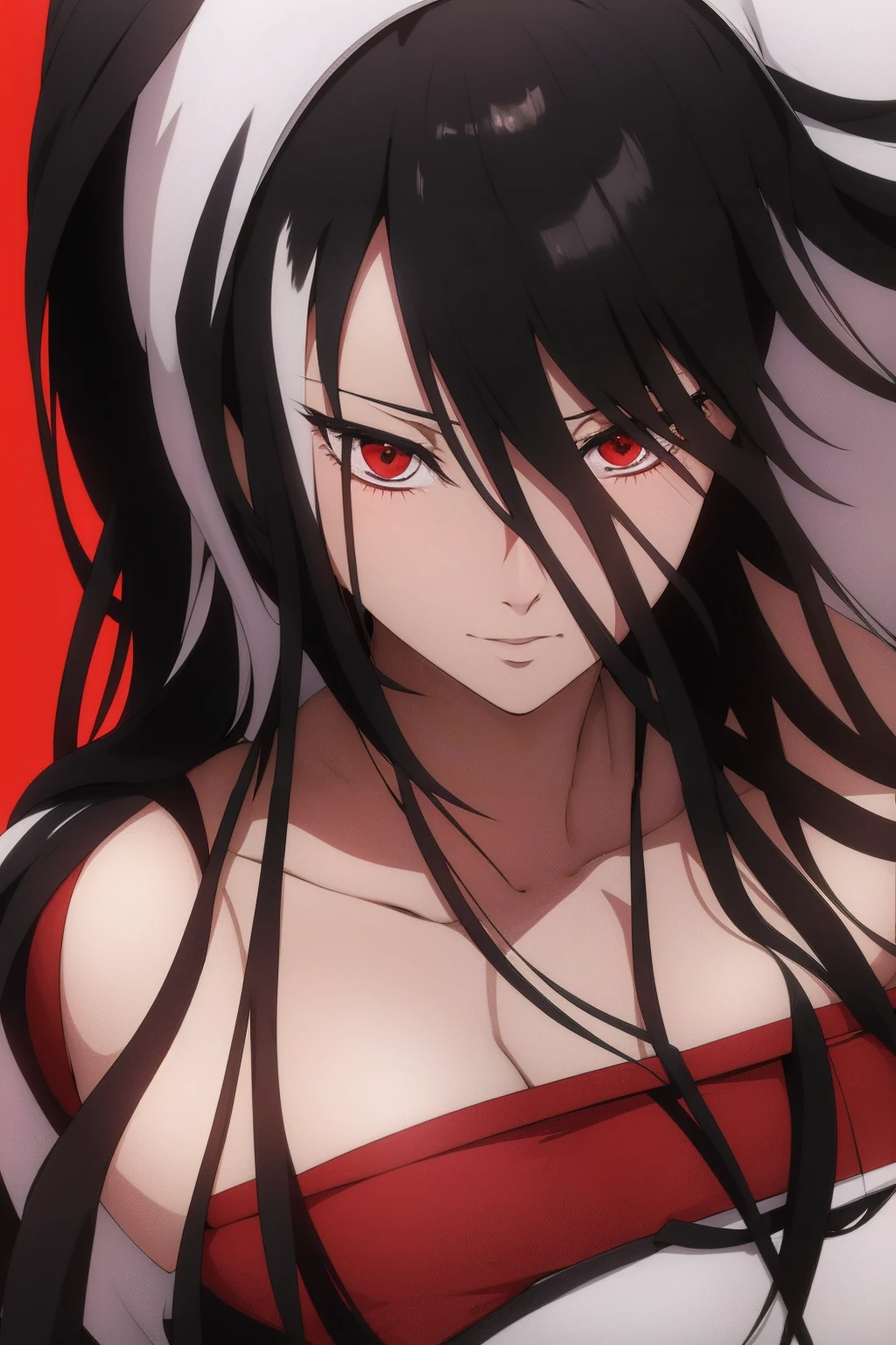 （（（Perfect figure，figure，black Japanese clothing,feather woven, （（（bleach，（（（Scars on the chest）））, red eyes,Unohana））），S-shaped figure:1.7））），((masterpiece)),high resolution, ((Best quality at best))，masterpiece，quality，Best quality，（（（ Exquisite facial features，looking at the audience,There is light in the eyes，Happy，nterlacing of light and shadow，huge ））），（（（looking into camera，fighting stance，red background，Blood）））