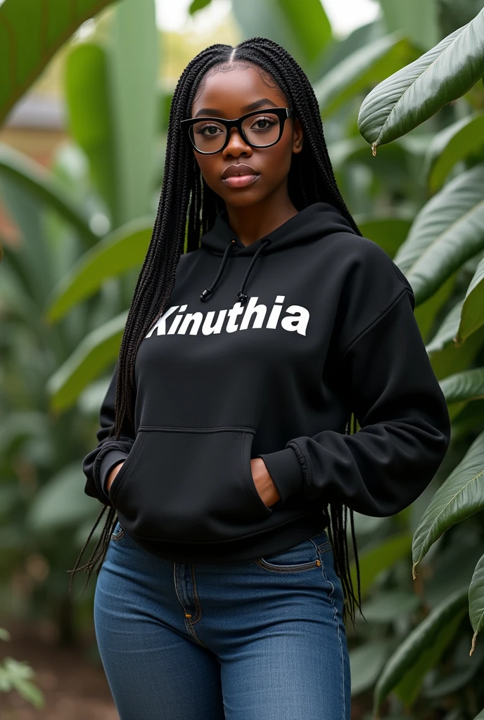 (photorealism:1.2),  beautiful black African woman,23 years,sharp boobs,,wearing jeans and a fitting hoodie written "Kinuthia", long braids,oversized black glasses, standing , plants in background,eboni Davis inspiration 
