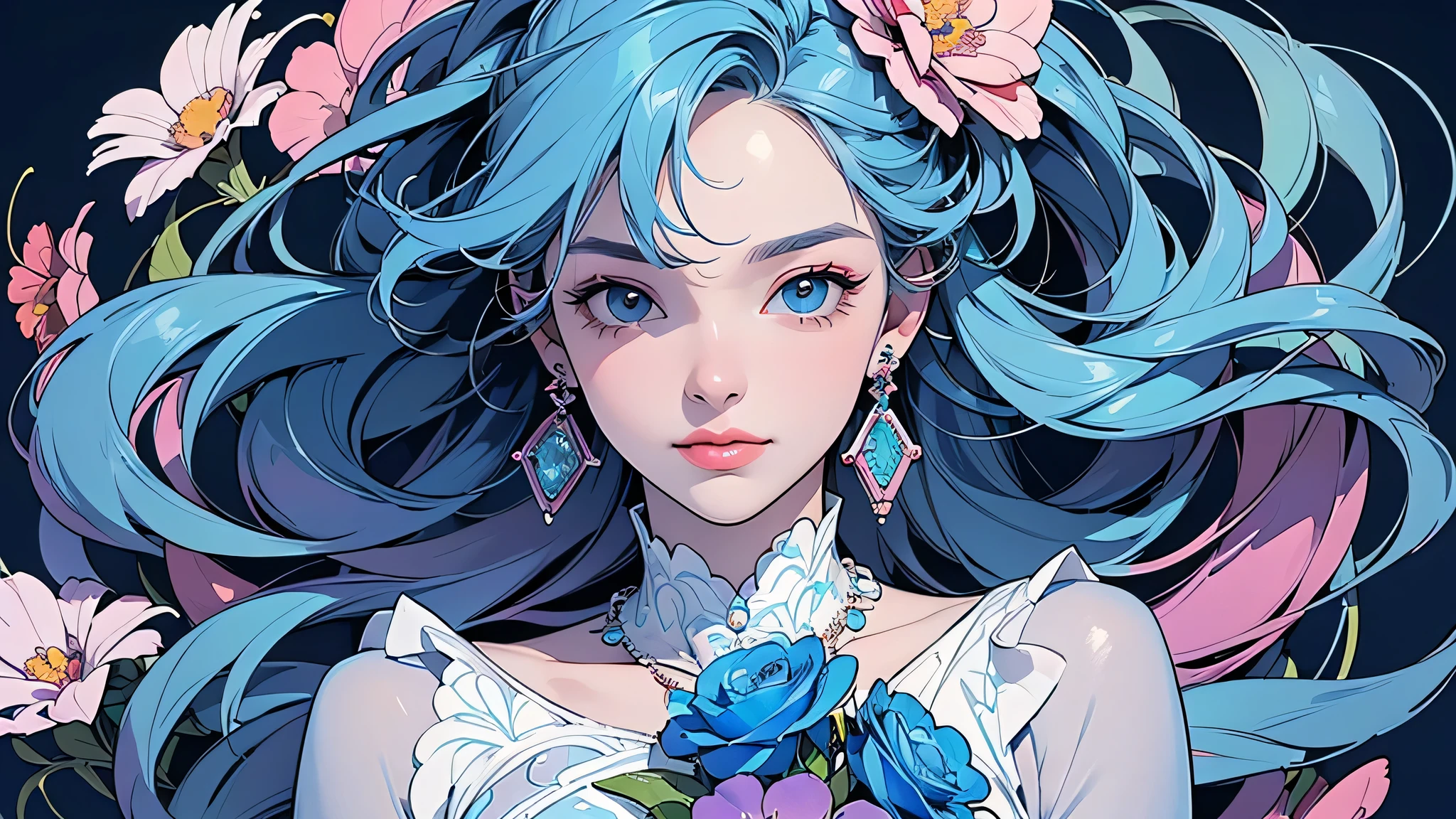 32K, 最高quality, 最高masterpiece, (ultra-Detailed background, Detailed background), high resolution, Very detailed, Very detailedな, 1 personの, (bouquet:1.3), (Tangled:1.2), (Geometric:1.2),(rich and colorful),(masterpiece, quality, best quality, Official Art, Pretty and beautiful:1.2), (1 person:1.3), Very detailed,(rich and colorful:1.1)(Flowers:1.3),Most detailed,(Tangled:1.2), whole body, (Blue Background:1.3), (Radiant skin), (Many colors:1.4), ,(Earring Jewelry:1.5), 浅Blue Background,