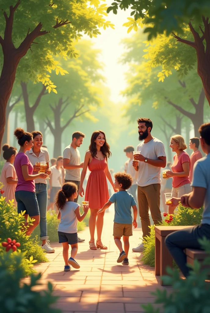 The image presents an idyllic scene of a public park or community space. In the center of the image, you can see a group of people of various ages interacting in a relaxed and friendly manner.

Some of the people are sitting on benches or on the grass, chatting animatedly and sharing food or drinks. Others are standing, forming small groups that seem to be discussing or simply enjoying each other's company.

What is striking is the expression of peace and joy reflected on the faces of the people. There are genuine smiles, relaxed postures and an evident feeling of comfort and belonging among them.

In the foreground, you can see a couple of children playing with a ball, running and laughing joyfully, while their parents watch them with expressions of affection and satisfaction.

The environment surrounding the people also conveys a sense of tranquility and safety. The trees and shrubs surrounding them are well cared for, and you can see that the park is well maintained and clean.

The warm, soft lighting, probably coming from a setting sun, adds an atmosphere of serenity and well-being to the scene.

In general, the image presents a scene of community and connection, where people feel comfortable, safe and happy in the presence of others. There are no signs of tension, conflict or danger, but rather a sense of harmony and mutual enjoyment.