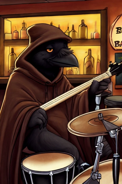 Baby crow, wearing a brown cloak and a brown cap, playing drums inside a bar.