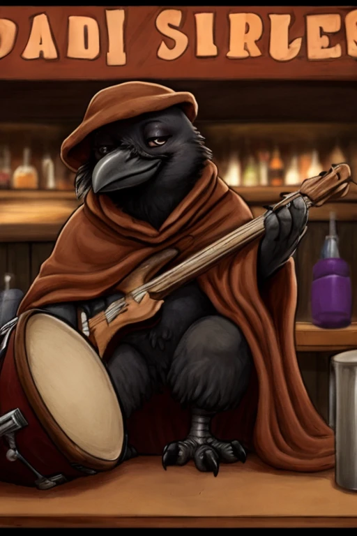 Baby crow, wearing a brown cloak and a brown cap, playing drums inside a bar.