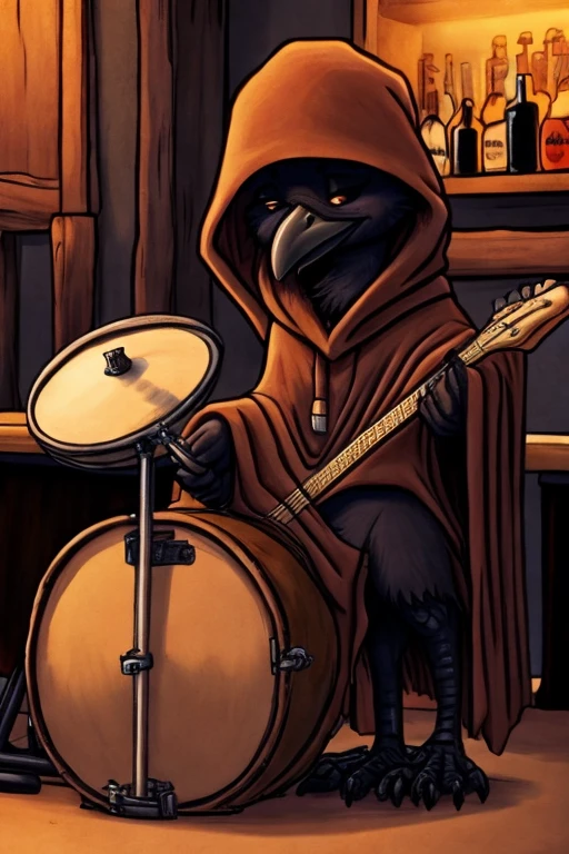Baby crow, wearing a brown cloak and a brown cap, playing drums inside a bar.