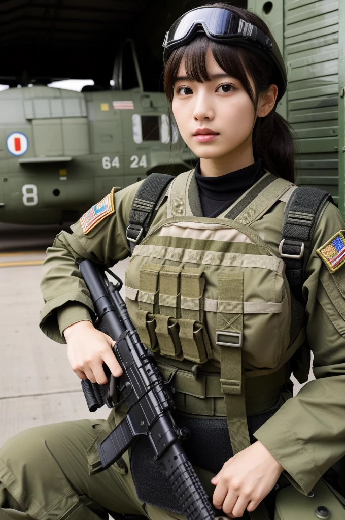 (masterpiece, ultra-detailed, ultra-realistic, best quality, clear focus, photorealistic), (ultra-high resolution, 8k:1.3), cinematic color-grading film, dramatic scenes, shadow, global-illumination, perfect anatomy, perfect face, (detailed face, detailed eye:1.3), (20 years old Japanese beautiful anime style girl:1.2), (Experienced army paratroopers:1.3), professional light, (very cute but boyish cool Japanese face:1.3), (Fully equipped for battle:1.3), (m4a1 large assault rifle:1.2), (Sitting in the huge cargo bay of a large Army transport plane for an Army skydiving mission:1.4), (wearing a soldier's outfits with damages:1.2), (Strong willed expression:1.2), (afraid:1.4), slim waist, (military helmet), very large breasts, tactical vest, military harness, breasts focus,