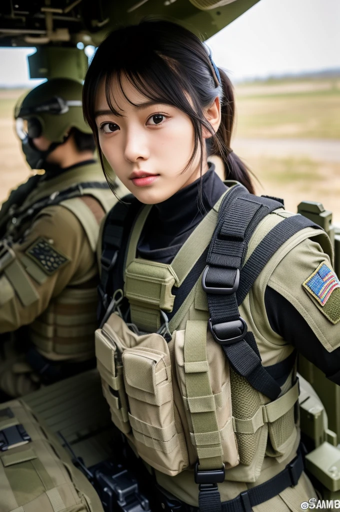 (medium full shot) of (formidable SWAT officer) young woman, voluptuous build, extra long dark hair, korean, fair skin, brown eyes, wearing a tactical helmet, dark blue tactical vest, camouflage combat pants, combat boots, tactical belt walkie-talkie, carrying a combat knife, set in a quiet village, with small houses, narrow roads, scattered farms, and a peaceful atmosphere, during day, ,Masterpiece,best quality, photo, realistic, very aesthetic