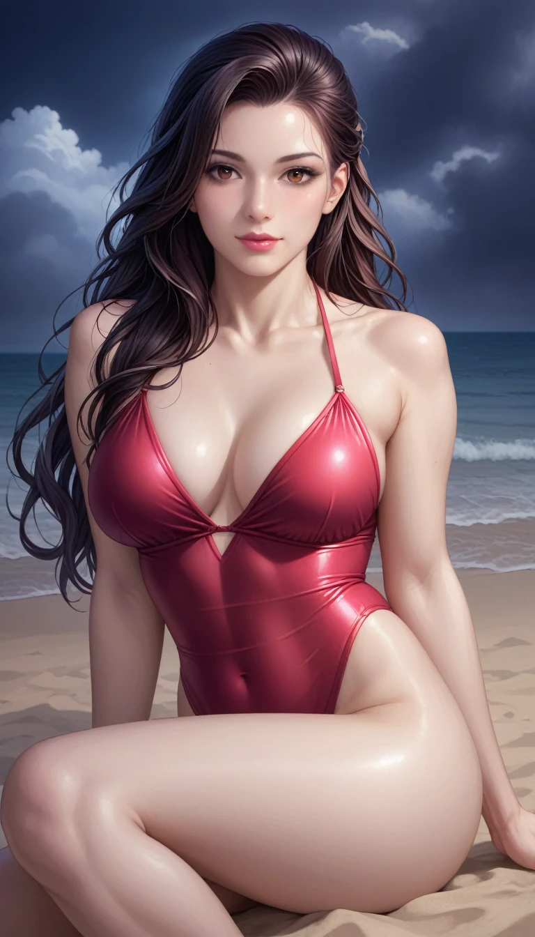 score_9, score_8_superior, score_7_superior, High-resolution CG illustration,A masterpiece in 32K resolution,Highest quality,it is really amazing,Very detailed,Ultra-high resolution,Ultra-realistic,Realistic,Increased depth of field,Cinematic lighting,
Sexy mature Japan woman,
Straight long hair with black hair,Ultra-detailed and beautiful face,Calm and gentle look,Beautiful brown eyes,Translucent white skin,Realistic skin texture,Great proportions,
Elegant red swimsuit,
Simple design,Chic color scheme based on red,Detailed fabric texture,
(Dark overcast sky on a dull night:1.1),(Dark clouds filling the sky:1.1),Thundercloud,Coastline at night,Stormy seas,delay々A desolate sandy beach that continues,
(Sitting on the sand with their hands on the ground.:1.2),