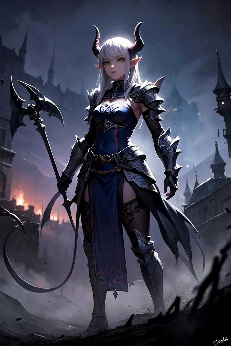 Foggy fortress, misty, mutated, sophisticated, devil queen, Zelda, demon claws, female creature, cursed armor,