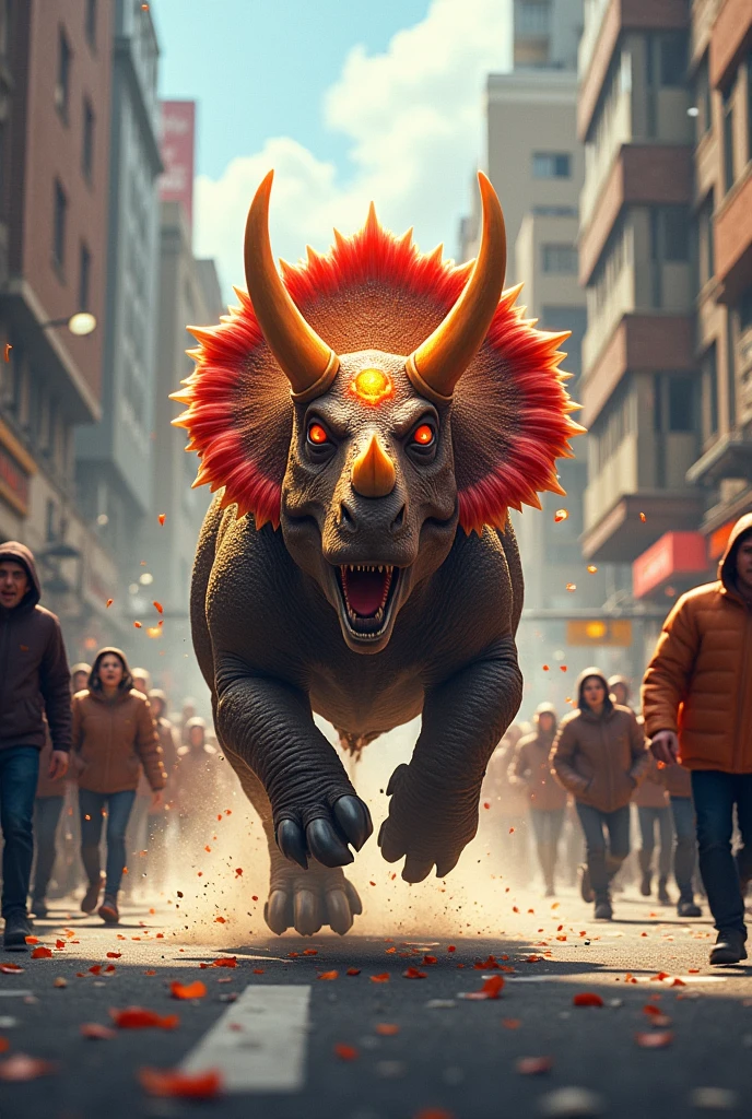 A red-haired triceratops with a golden cell in its center is running down a street and people around are scared, running back and forth, and it is chasing a car at high speed. 