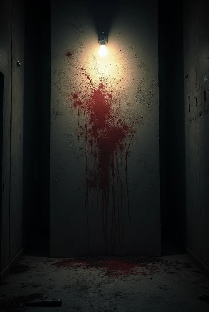 make a deadly scenario with an empty space without any characters, with just one large wall with blood and gunshot marks, in a dark room with no doors, with just one lightbulb.