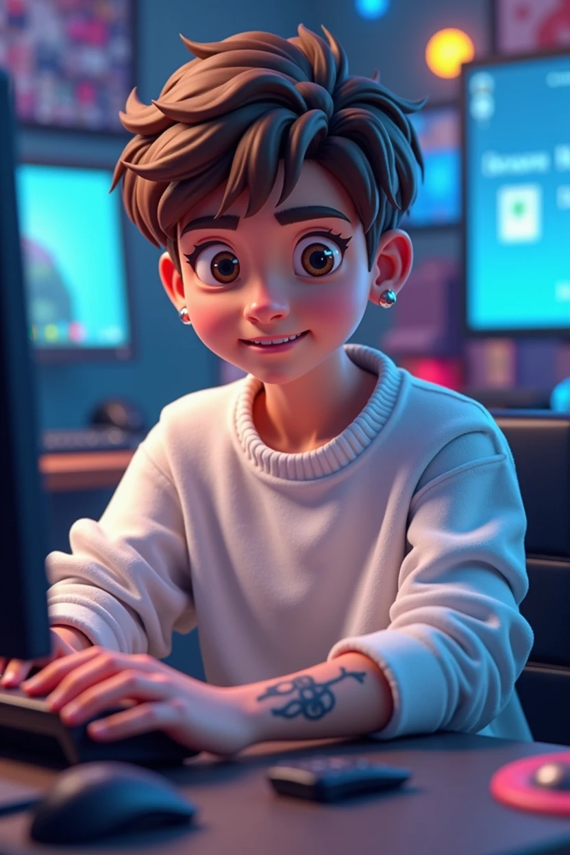 young man of , short brown hair, square face and brown eyes, wearing white sweater. with tattoo on the left arm, 3d cartoon, with small hoop earrings, in a gamer setting, using a computer.