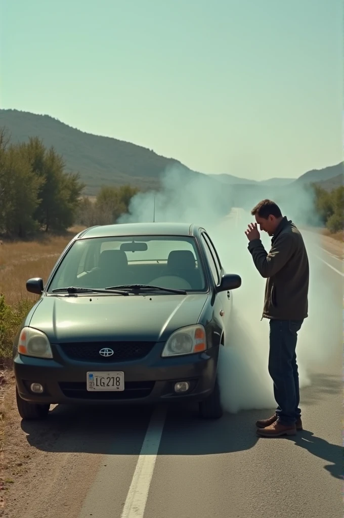 Take a video of a person with a broken down car on the road
