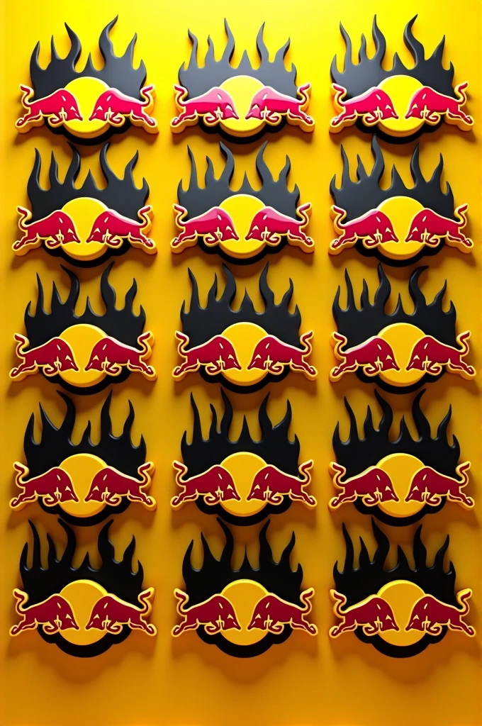 Pattern of 30 Red Bull magnets on a yellow background with black flames behind the images 