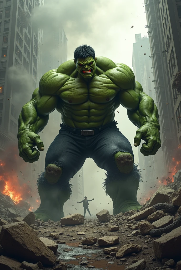 General ross(Red Hulk) fighting a Zombie Hulk in a destroyed city 