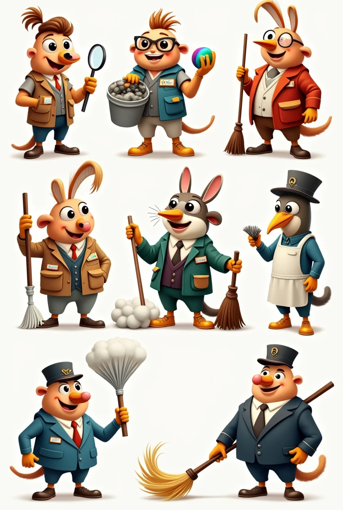 sey (Sense of Use):
sey é um mascote pequeno, with glasses and a magnifying glass hanging around his neck. He is always holding a small trash can and examining objects to determine if they are truly necessary.
Ordinato (Sense of Organization):
Ordinato is an organized and meticulous mascot. He wears a vest with many pockets and carries colorful labels. His hair is neatly styled, and he is always arranging objects on shelves or drawers.
Varrelin (Sense of Cleanliness):
Varrelin is a mascot with a magic broom. He has bright eyes and wears an apron with pockets to store cleaning cloths. Whenever he sees dirt, He sweeps it enthusiastically.
godfather (Sense of Standardization):
godfather é um mascote elegante e simétrico. He wears a suit with perfectly aligned stripes. In your hand, He holds a ruler, symbolizing the importance of standardization in processes.
Disciplino (Sense of Discipline):
Disciplino is a serious and rigorous mascot. He wears a military uniform and carries a whistle. He is always on the alert to ensure that everyone follows the rules and maintains discipline.   Do the same with the mascot but in different situations