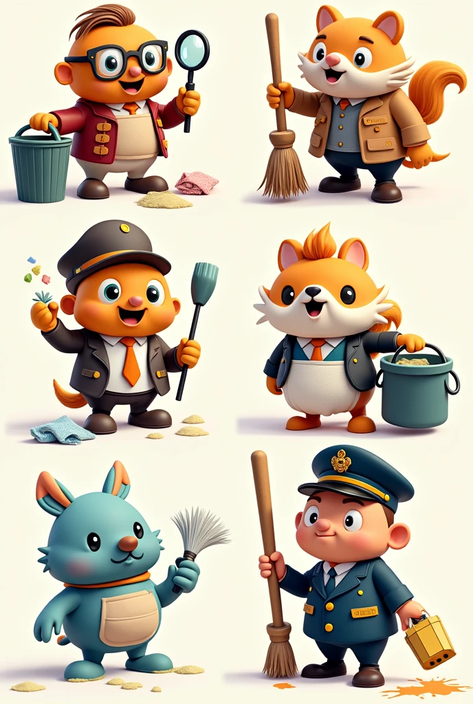 sey (Sense of Use):
sey é um mascote pequeno, with glasses and a magnifying glass hanging around his neck. He is always holding a small trash can and examining objects to determine if they are truly necessary.
Ordinato (Sense of Organization):
Ordinato is an organized and meticulous mascot. He wears a vest with many pockets and carries colorful labels. His hair is neatly styled, and he is always arranging objects on shelves or drawers.
Varrelin (Sense of Cleanliness):
Varrelin is a mascot with a magic broom. He has bright eyes and wears an apron with pockets to store cleaning cloths. Whenever he sees dirt, He sweeps it enthusiastically.
godfather (Sense of Standardization):
godfather é um mascote elegante e simétrico. He wears a suit with perfectly aligned stripes. In your hand, He holds a ruler, symbolizing the importance of standardization in processes.
Disciplino (Sense of Discipline):
Disciplino is a serious and rigorous mascot. He wears a military uniform and carries a whistle. He is always on the alert to ensure that everyone follows the rules and maintains discipline.   Do the same with the mascot but in different situations