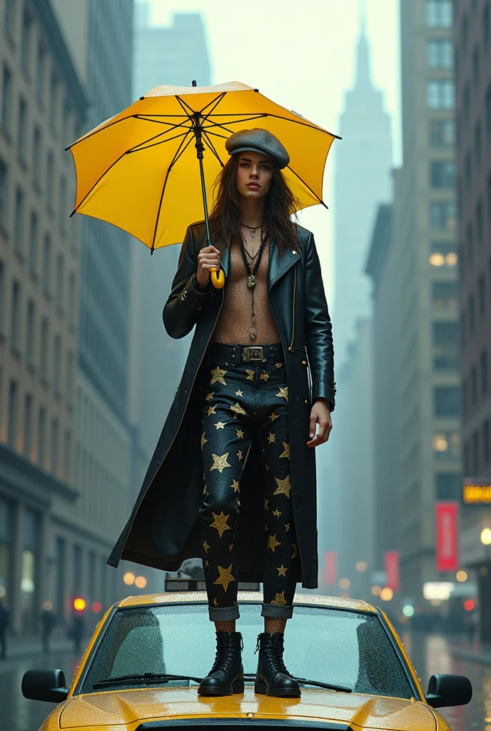 Make an image of a 21-year-old man, semi-tanned, with long hair, wearing pants and a skirt with stars, with a fishnet shirt, a long leather jacket and a gray beret, on top of a car. With a yellow umbrella, the background will be the flooded city of New York